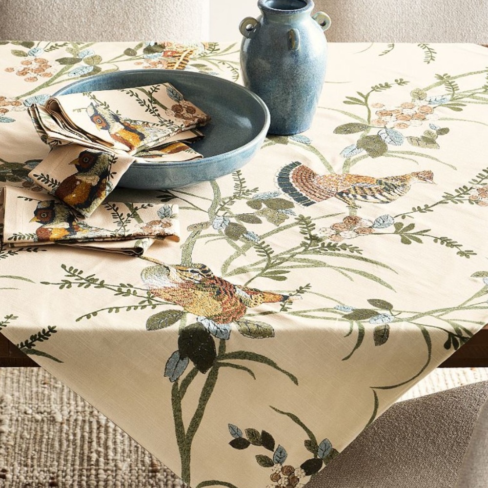 Pottery Barn Pheasant Embroidered Cotton Table Throw- NWT - Picture 2 of 3